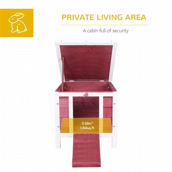 Small wooden cabin with red interior on a white background, labeled 'Private Living Area'.