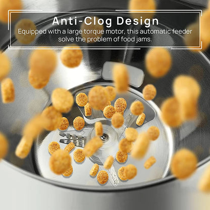 Automatic feeder with food dispensing and text about anti-clog design.