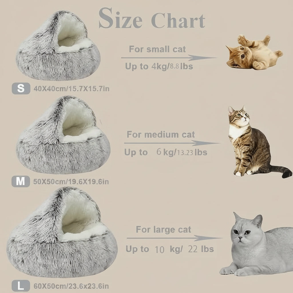 Size chart for cat beds with illustrations of cats and dimensions