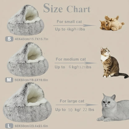 Size chart for cat beds with illustrations of cats and dimensions