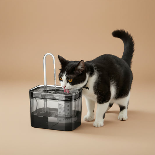 Tuxedo Cat drinking water from a clear tinted pet fountain on a light-colored background.