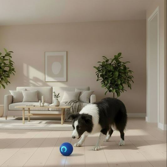 Dog playing with a blue ball in a modern living room.