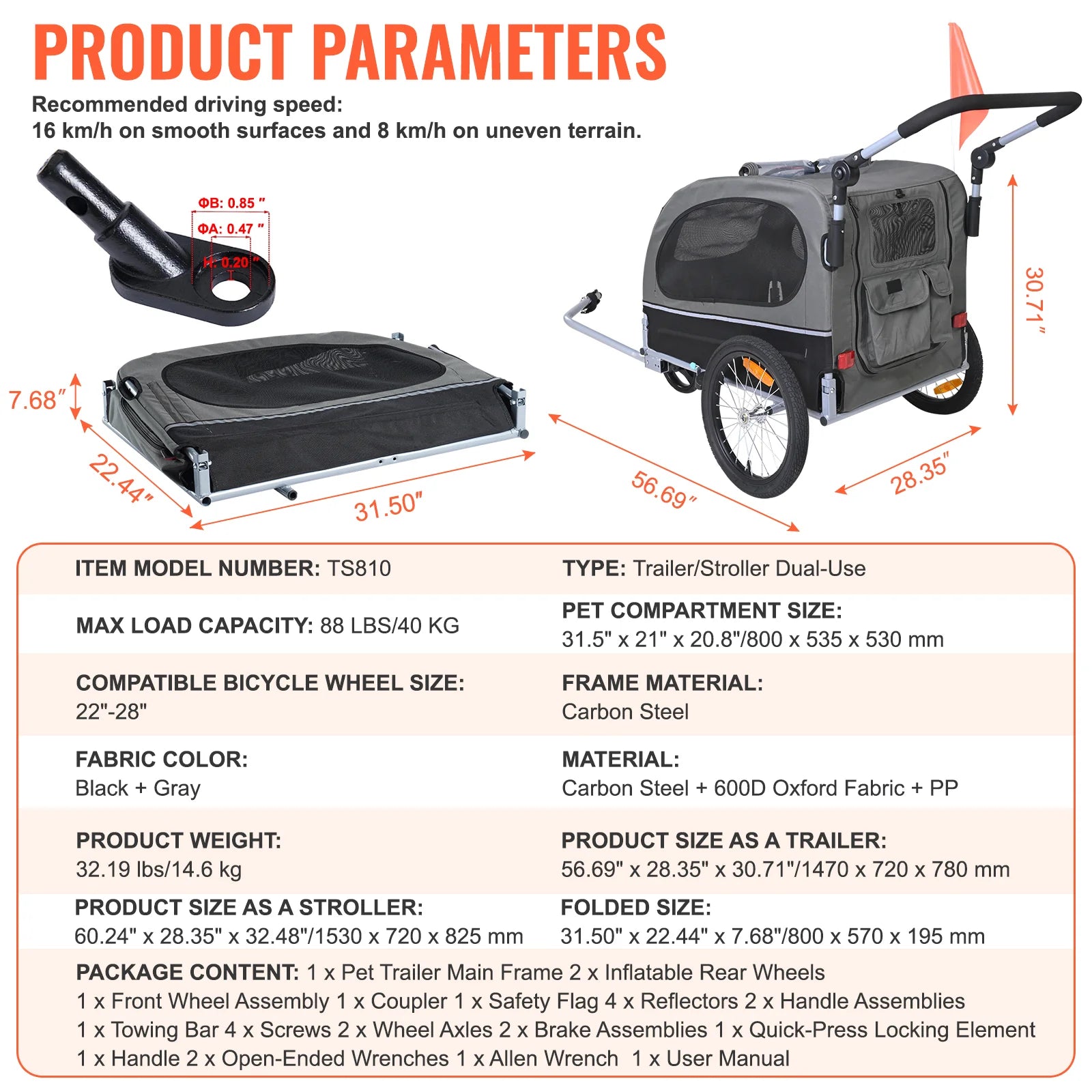 Dog Bike Trailer, Supports up to 88 Lbs, 2-In-1 Pet Stroller Cart Bicycle Carrier, Easy Folding Cart Frame with Quick Release Wheels, Universal Bicycle Coupler, Reflectors, Flag, Black/Gray