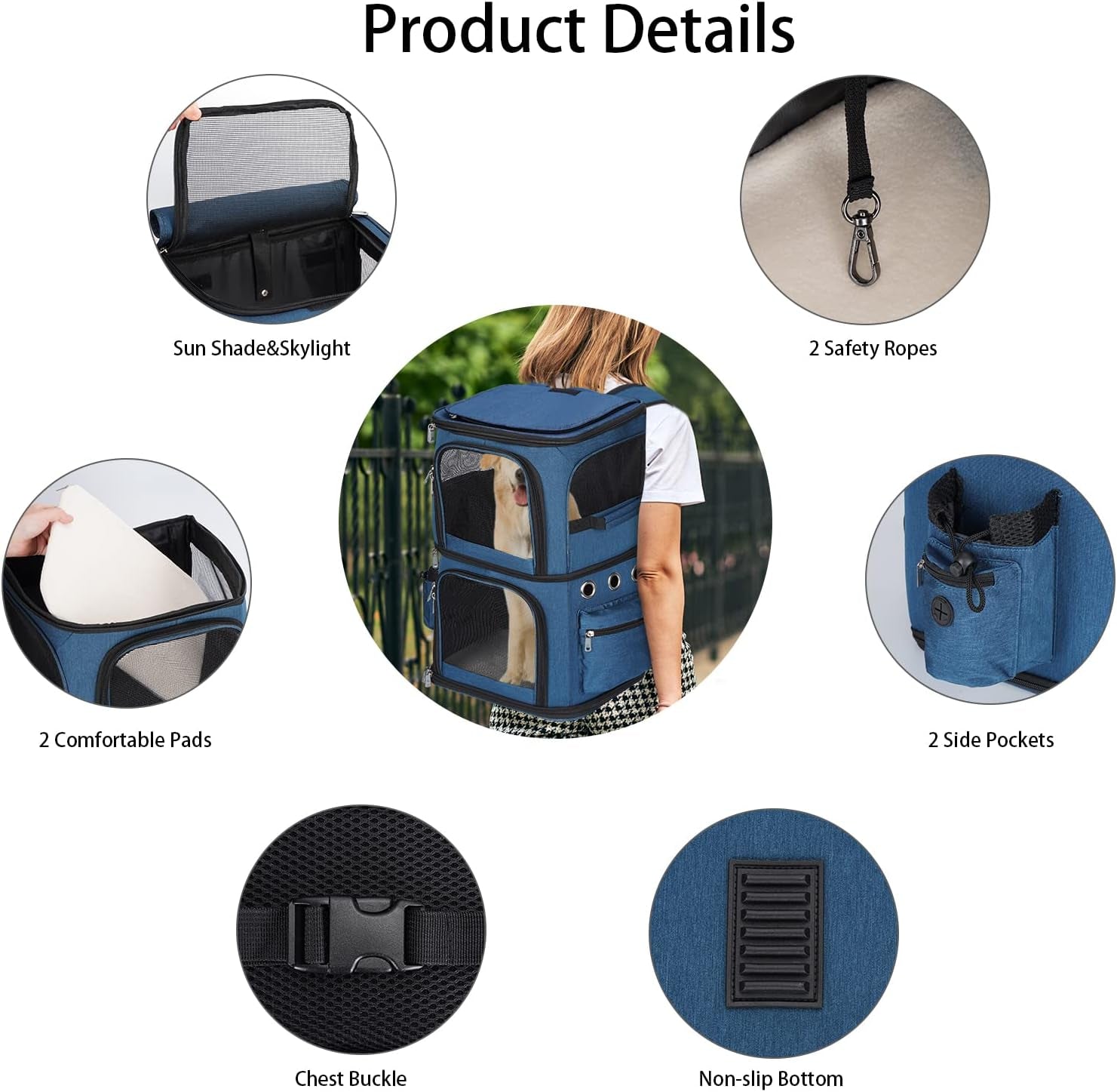 Double-Compartment Pet Carrier Backpack for Small Cats and Dogs, Cat Travel Carrier for 2 Cats, Perfect for Traveling/Hiking/Camping, Blue