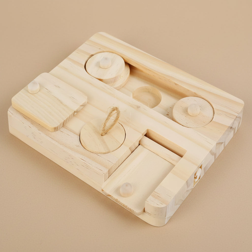 Wooden puzzle toy for small animals with a hamster and rabbit on a white background
