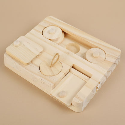 Wooden puzzle toy for small animals with a hamster and rabbit on a white background