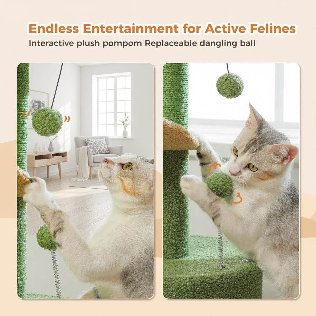 Cactus Cat Tree with Curved Perch Cozy Cat Condo Small Cat Tower with Removable Top Bed Cat Scratching Post for Indoor Cat Toys