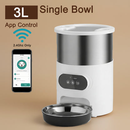Pet food dispenser with a single bowl on a beige background, featuring app control and 2.4GHz connectivity.
