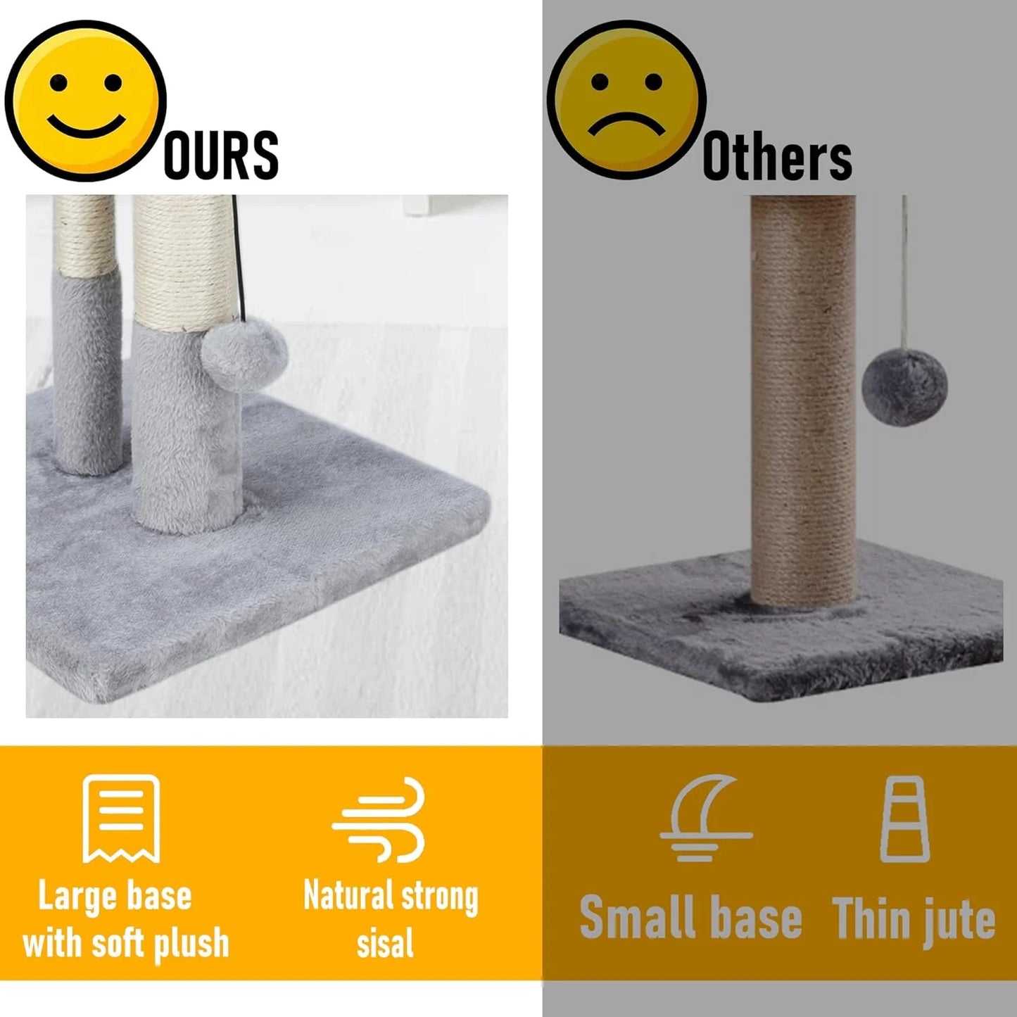 Tall Cat Scratching Post, Double Lower Posts Extra Stable Cat Post Tree Scratcher with Sisal Rope and Teasing 4 Balls Total Large Base