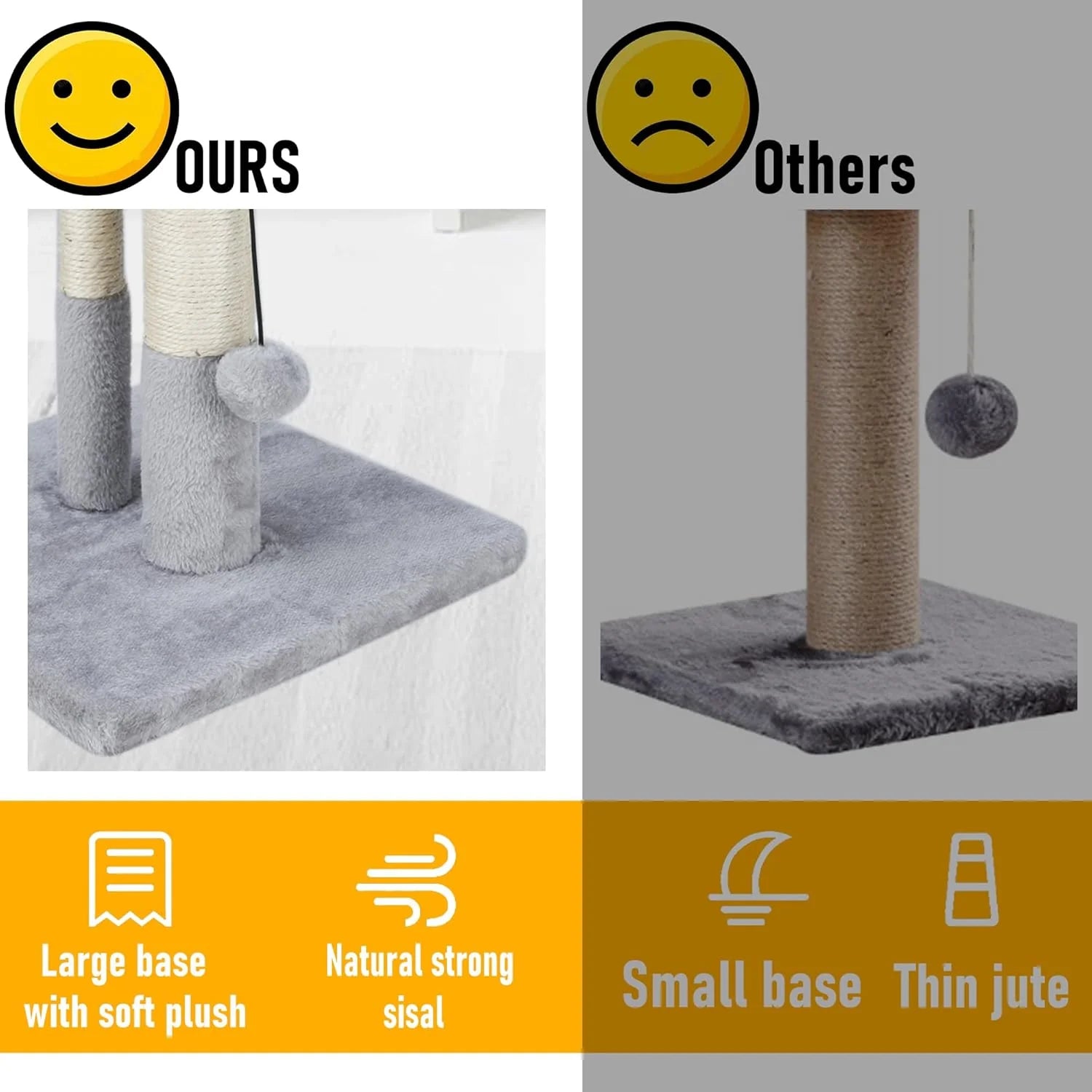 Tall Cat Scratching Post, Double Lower Posts Extra Stable Cat Post Tree Scratcher with Sisal Rope and Teasing 4 Balls Total Large Base