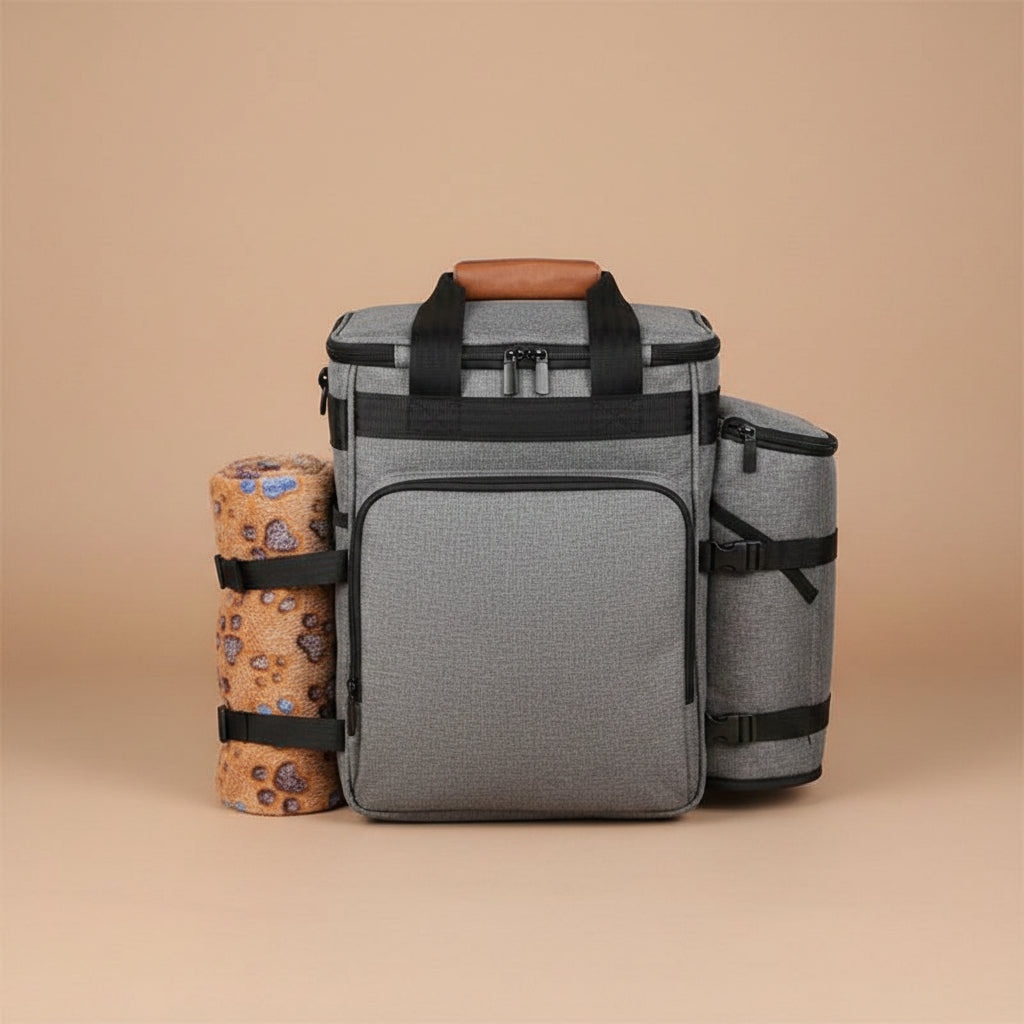 Gray backpack supply bag with a beige background