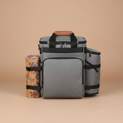 Gray backpack supply bag with a beige background