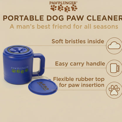 Blue portable dog paw cleaner with features listed on a beige background