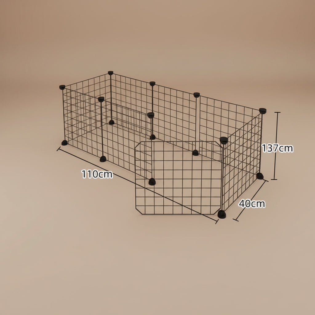 Black metal grid enclosure on a floor with measurements indicated