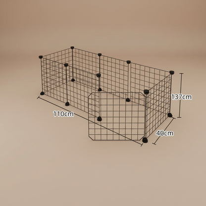 Black metal grid enclosure on a floor with measurements indicated
