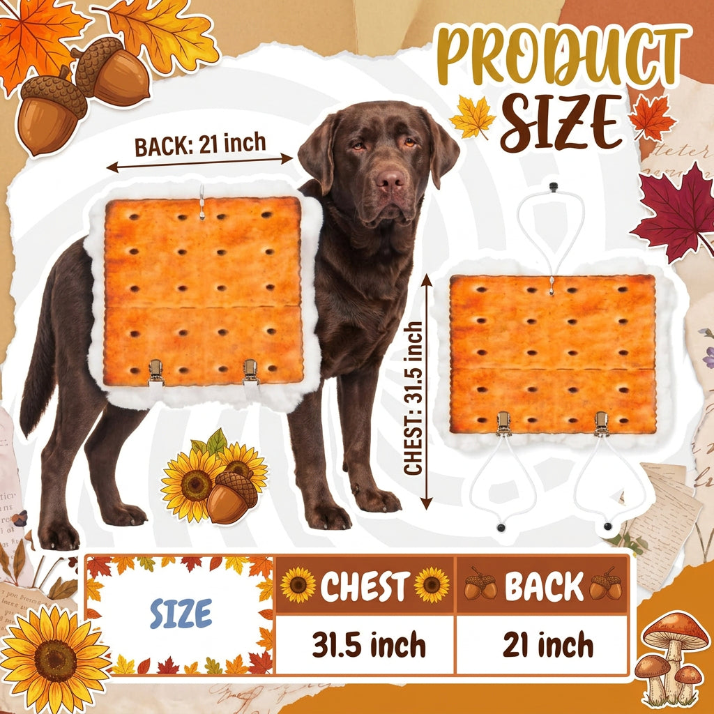 A Autumn-themed product size diagram showing a brown dog with illustrated cracker measurements labeled chest and back, plus text reading 'Product Size' and dimensions 31.5 inch and 21 inch.