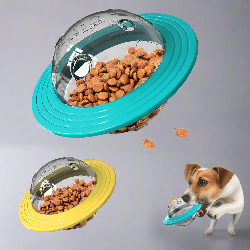 Pet toy with food inside, shown in teal and yellow, on a white background.