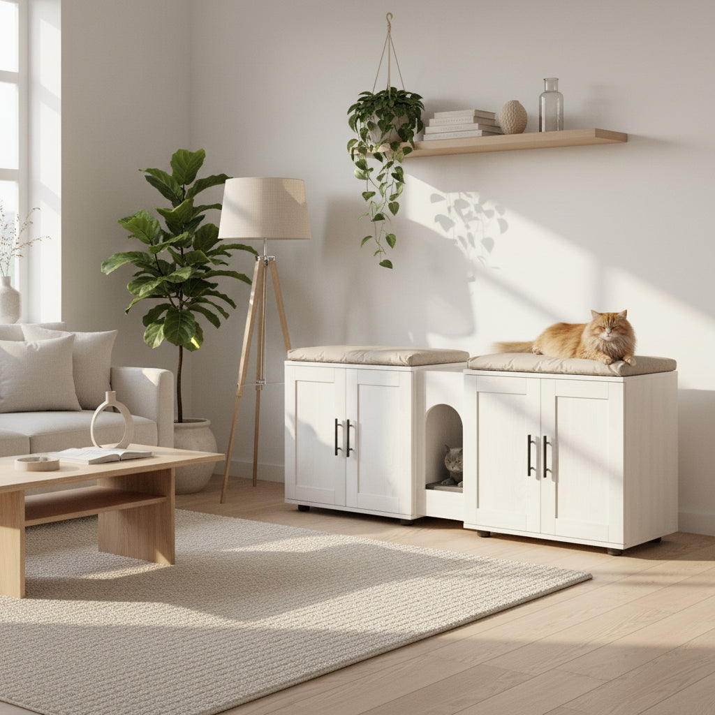 White litter box enclosure cabinet with for cats in a home setting.