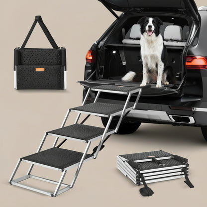 Folding dog stairs coming down from the back of a truck or crossover, with a large dog sitting in the back.