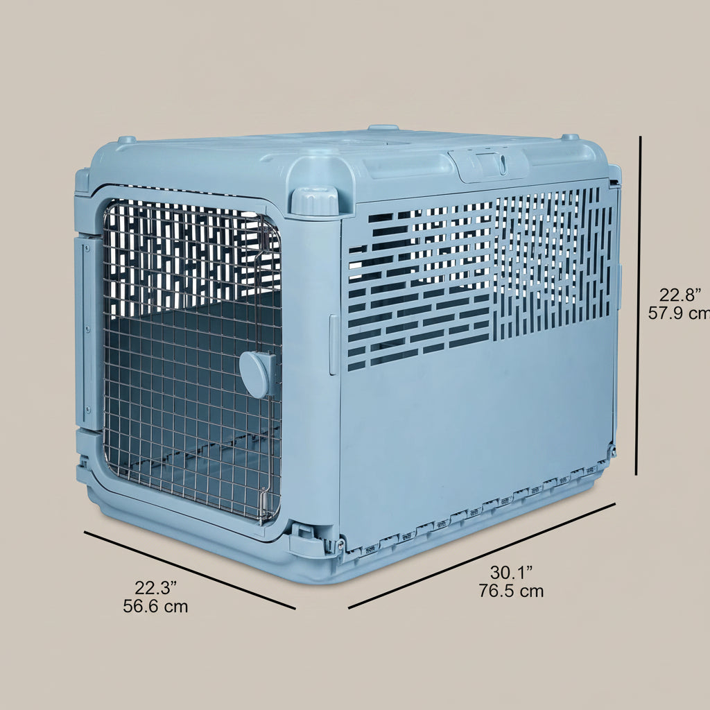 Blue pet crate with dimensions indicated on a beige background