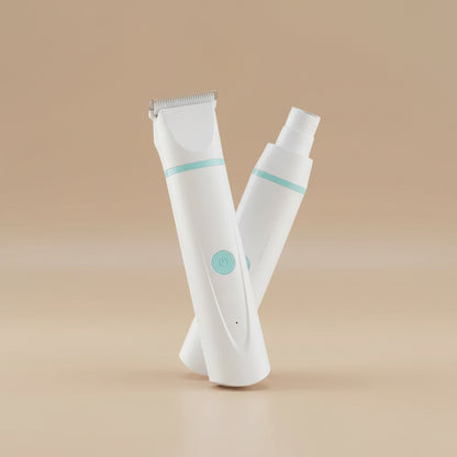 White electronic clippers with a blue band and circular design on a beige background