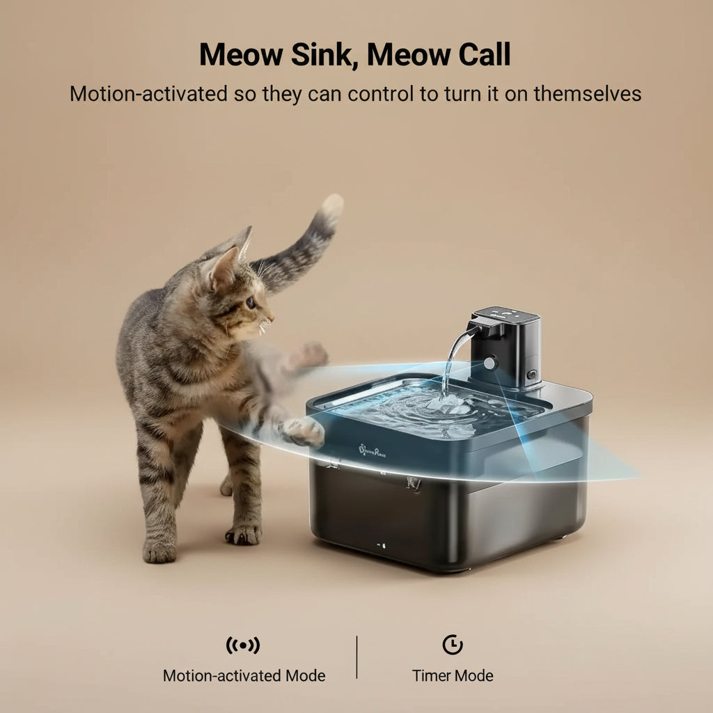 Cat interacting with a motion-activated pet fountain on a wooden floor.