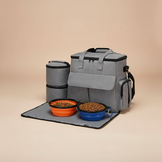 Pet travel bag with bowls and a dog and cat sitting next to it on a beige background