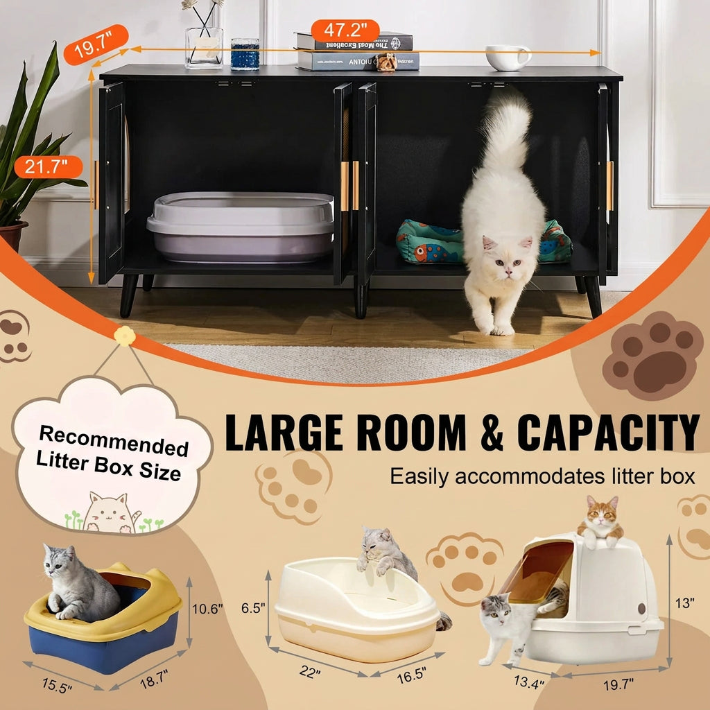Pet furniture with litter box and cat, featuring dimensions and capacity details.