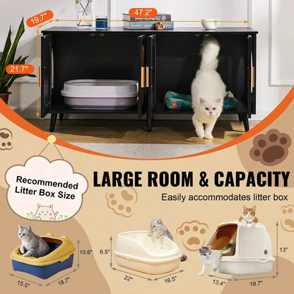 Pet furniture with litter box and cat, featuring dimensions and capacity details.