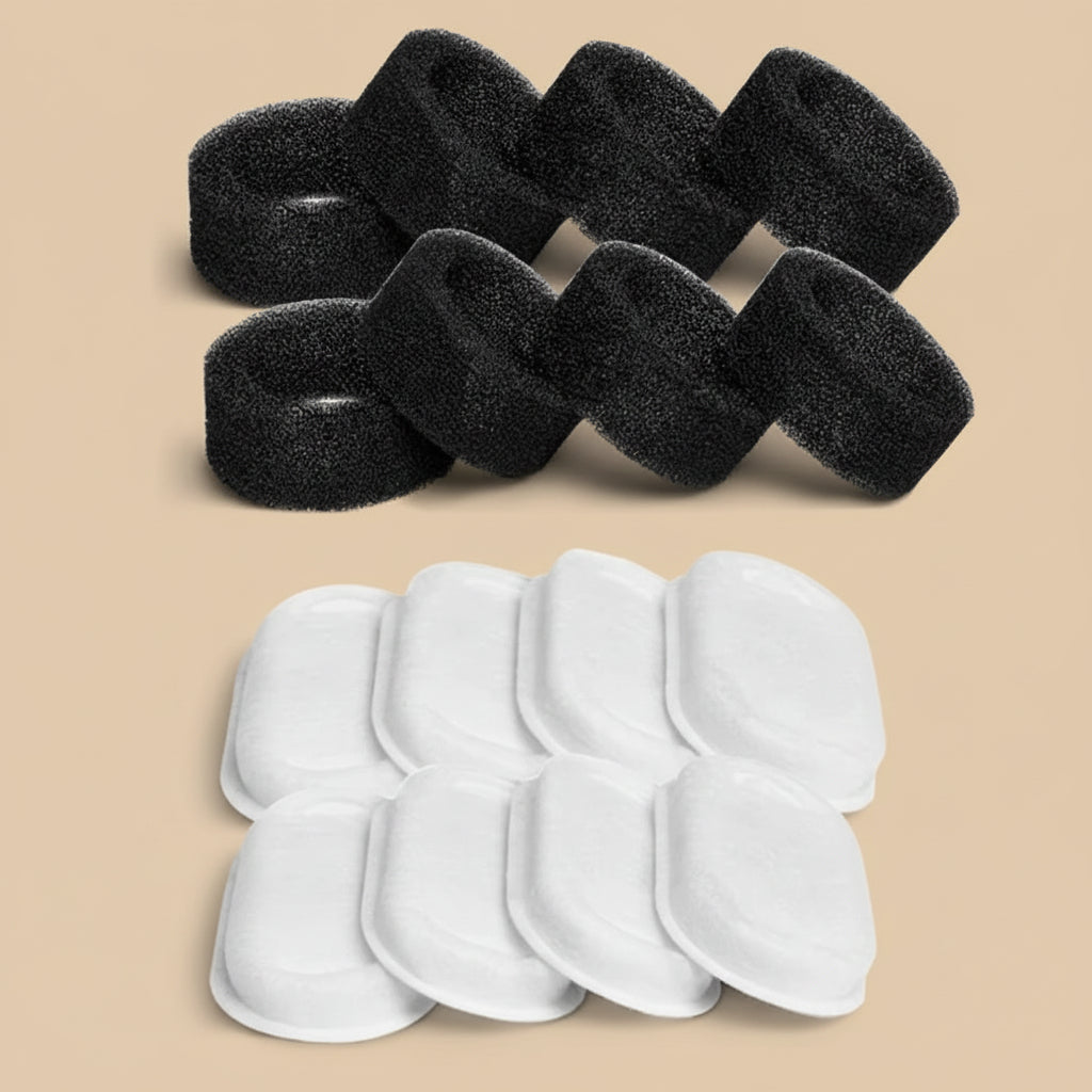 Black foam bands and white filter pads on a beige background