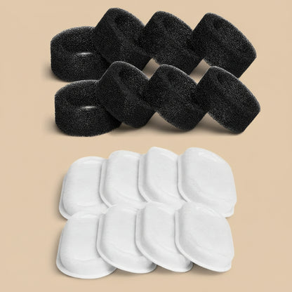 Black foam bands and white filter pads on a beige background