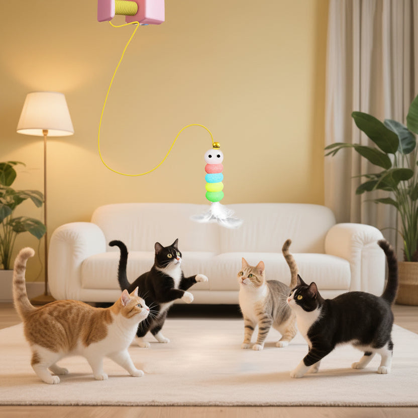 Four cats playing with a colorful toy in a living room setting.