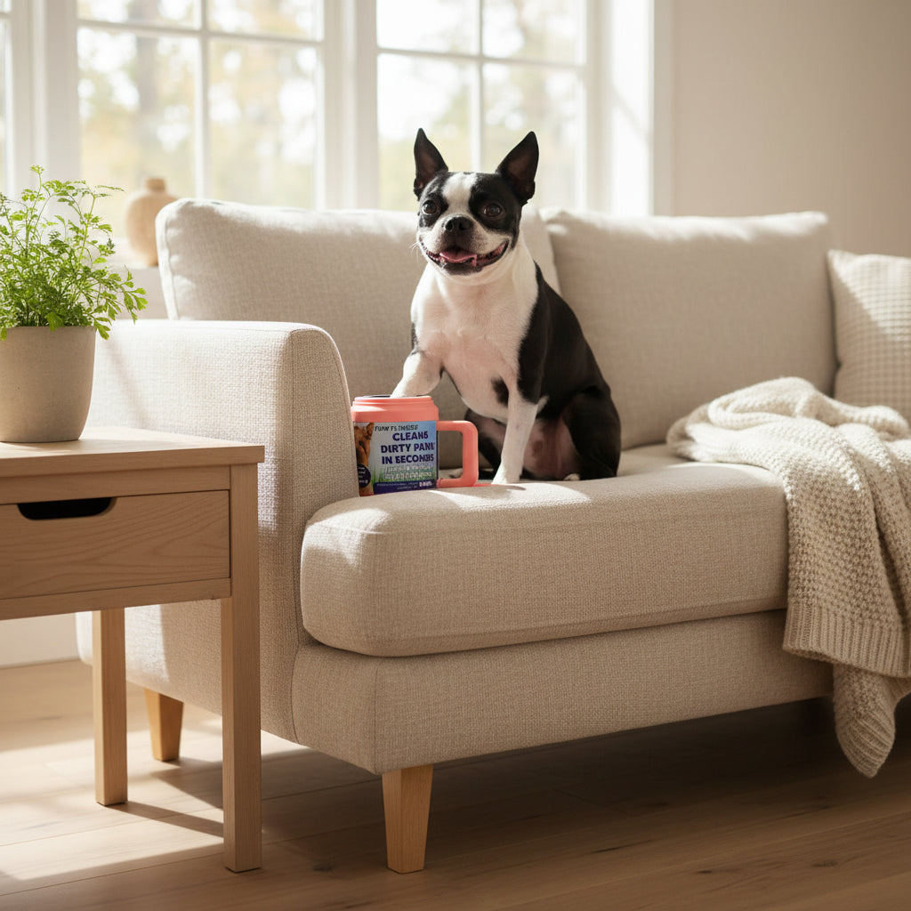 Small dog sitting next to a pink paw plunger on a sofa