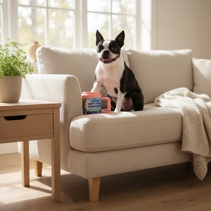 Small dog sitting next to a pink paw plunger on a sofa