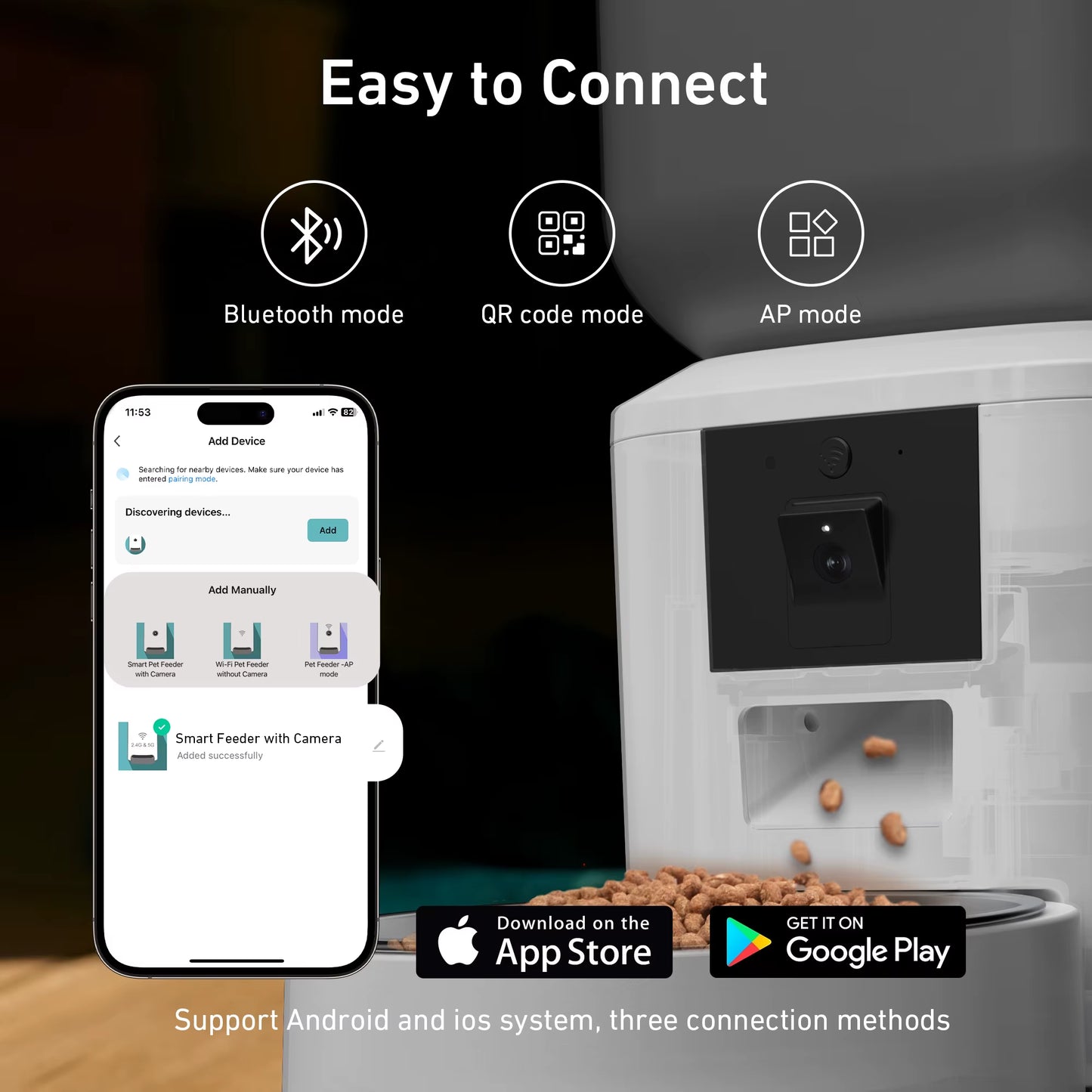 Smart pet feeder with smartphone app interface and connection modes displayed.