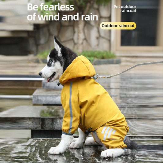 Waterproof Dog Raincoat - Four-Leg Design with Reflective Strips, Breathable Polyester Dog Rain Jacket with Adjustable Drawstrings