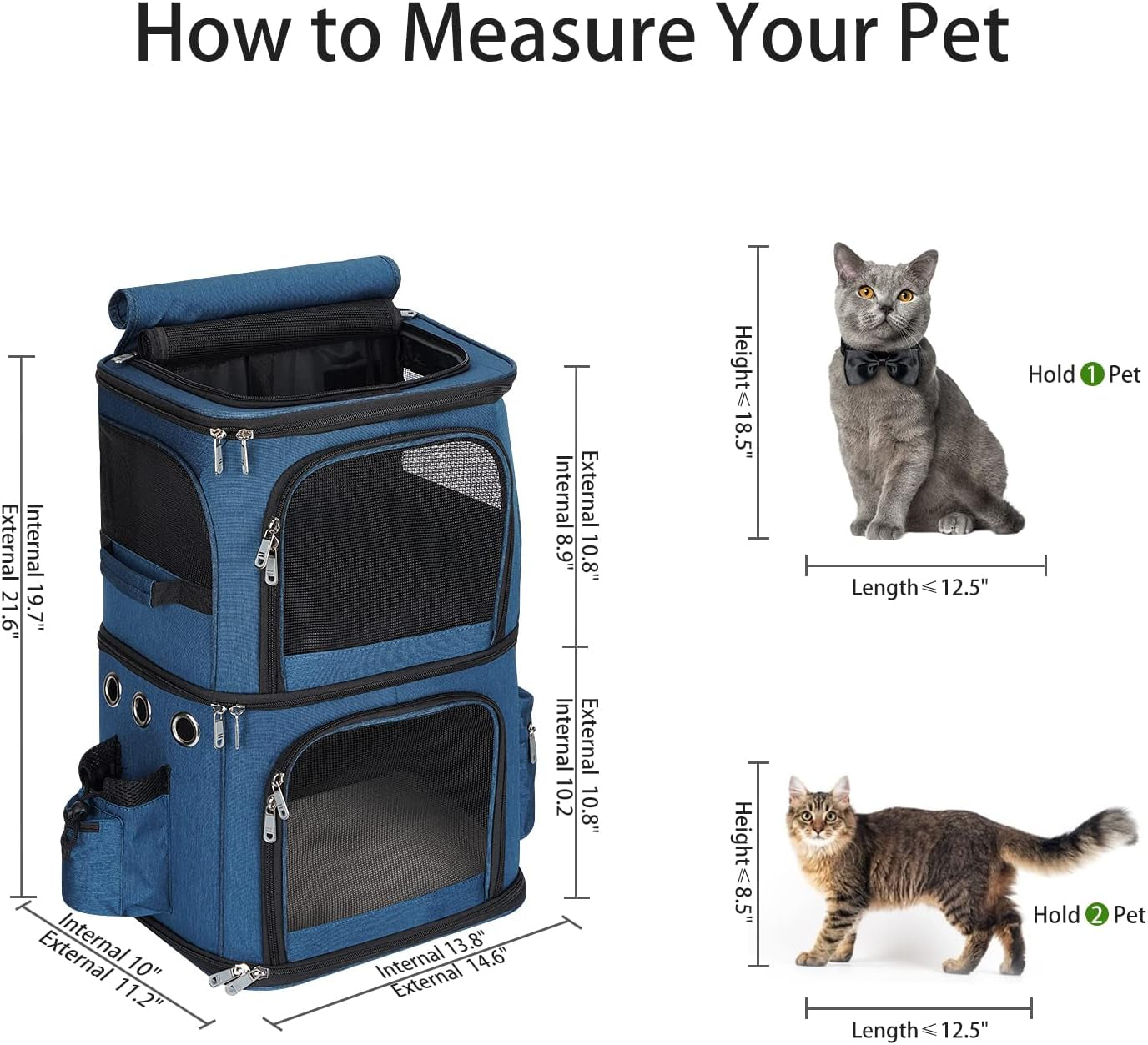Double-Compartment Pet Carrier Backpack for Small Cats and Dogs, Cat Travel Carrier for 2 Cats, Perfect for Traveling/Hiking/Camping, Blue