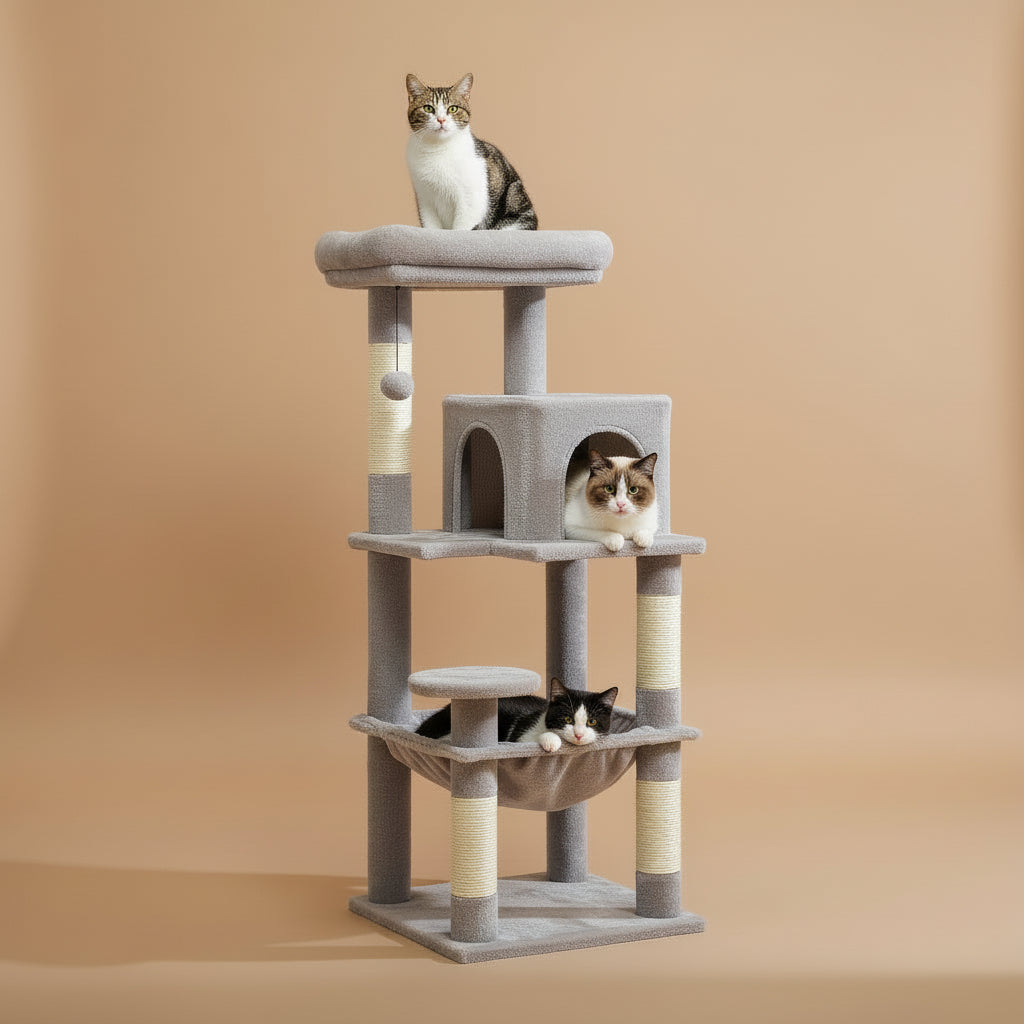 Cat tree with three cats on a beige background
