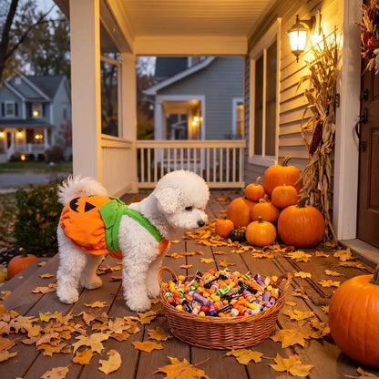 A small white dog wearing an orange pumpkin costume stands on a decorated front porch beside a basket of colorful candy, with pumpkins, autumn leaves, and warm porch lights in the background.