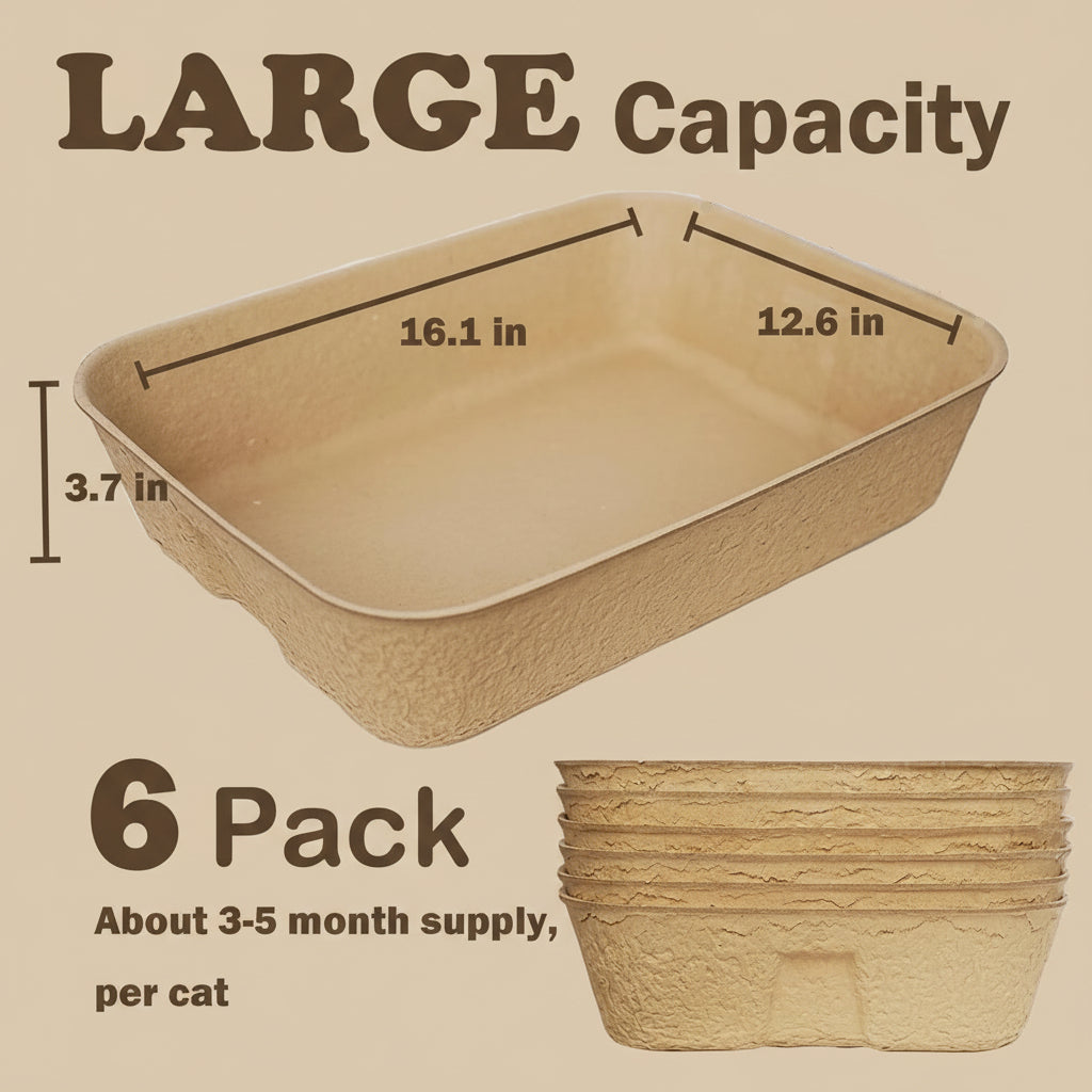 Cat litter box with dimensions and packaging details on a beige background