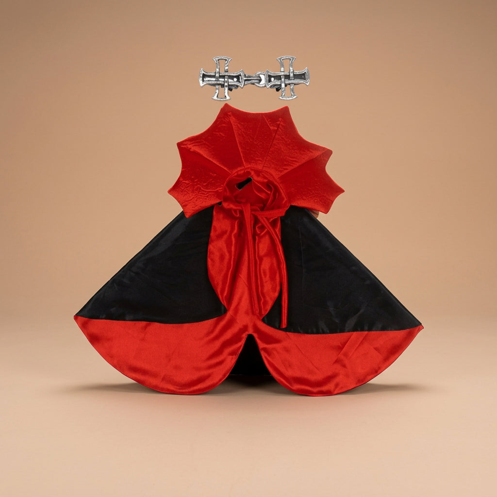 Black and red vampire cape with cross clip on a beige background.
