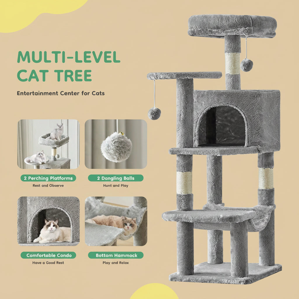 Multi-level cat tree with perching platforms, hanging balls, and a comfortable condo.