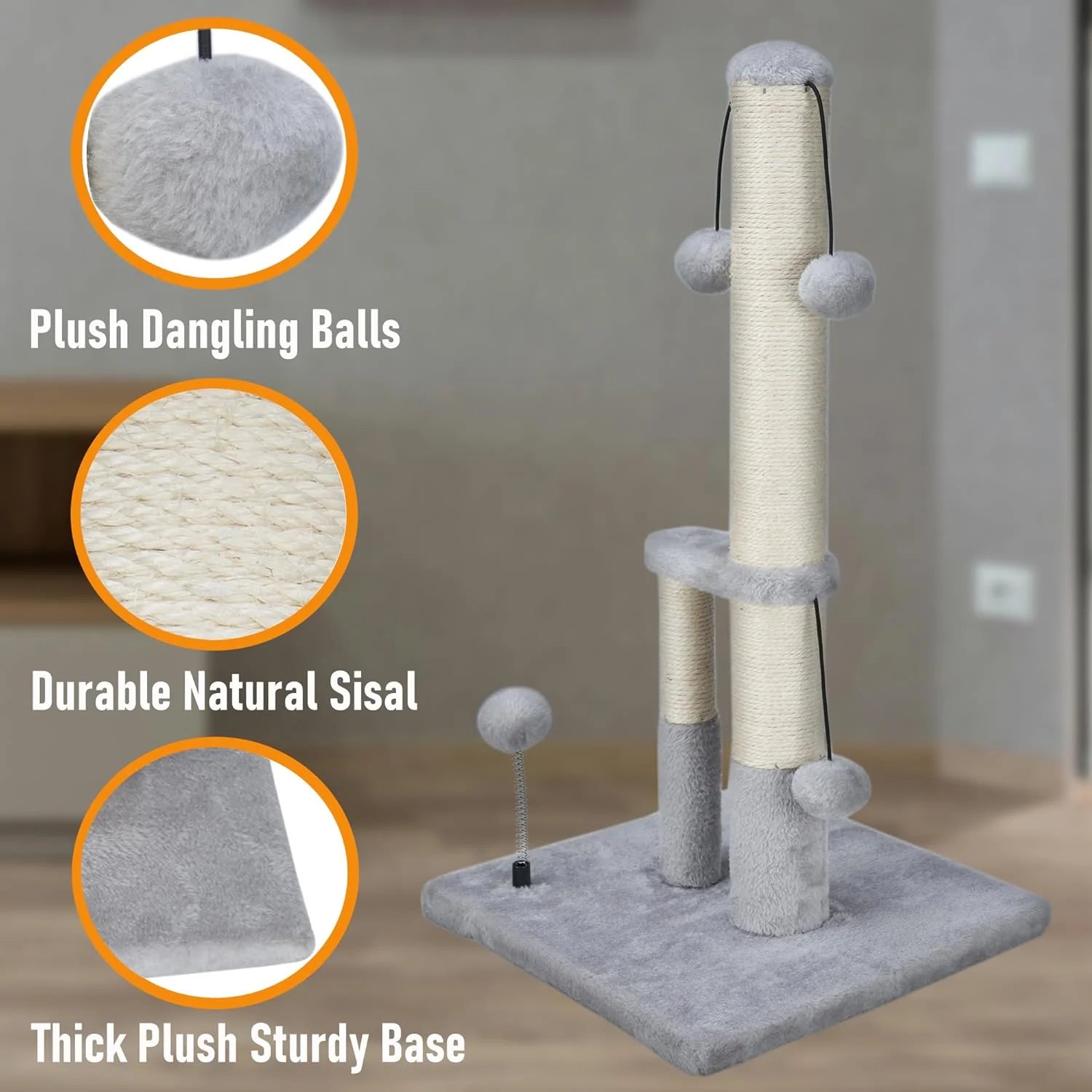 Tall Cat Scratching Post, Double Lower Posts Extra Stable Cat Post Tree Scratcher with Sisal Rope and Teasing 4 Balls Total Large Base