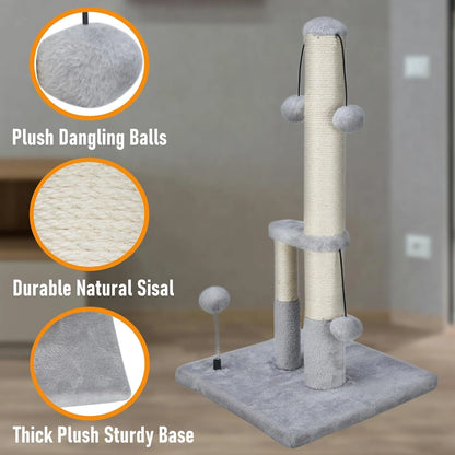 Tall Cat Scratching Post, Double Lower Posts Extra Stable Cat Post Tree Scratcher with Sisal Rope and Teasing 4 Balls Total Large Base