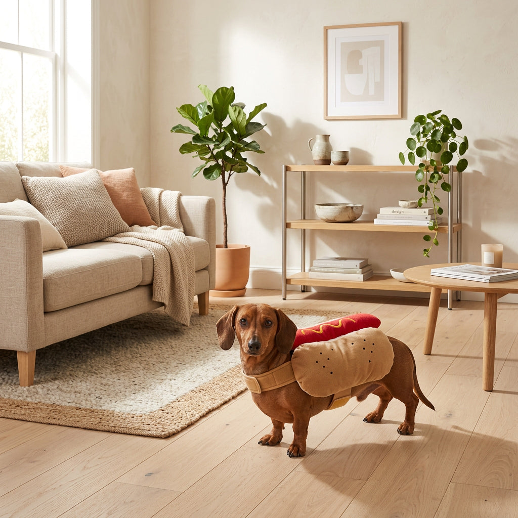 A dachshund wearing a plush hot dog costume in a living room setting. The costume includes a tan bun with black dot details, a red sausage section with yellow mustard lines, and tan straps.