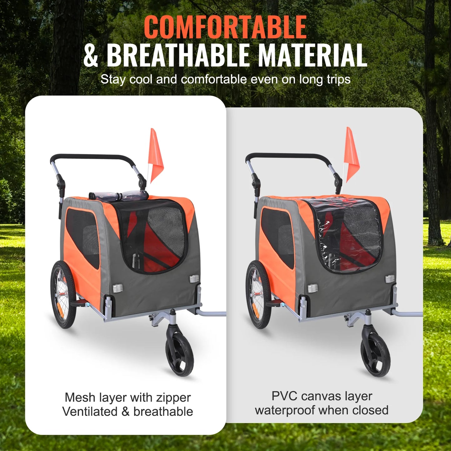 Dog Bike Trailer, Supports up to 66 Lbs, 2-In-1 Pet Stroller Cart Bicycle Carrier, Easy Folding Cart Frame with Quick Release Wheels, Universal Bicycle Coupler, Reflectors, Flag, Orange/Gray