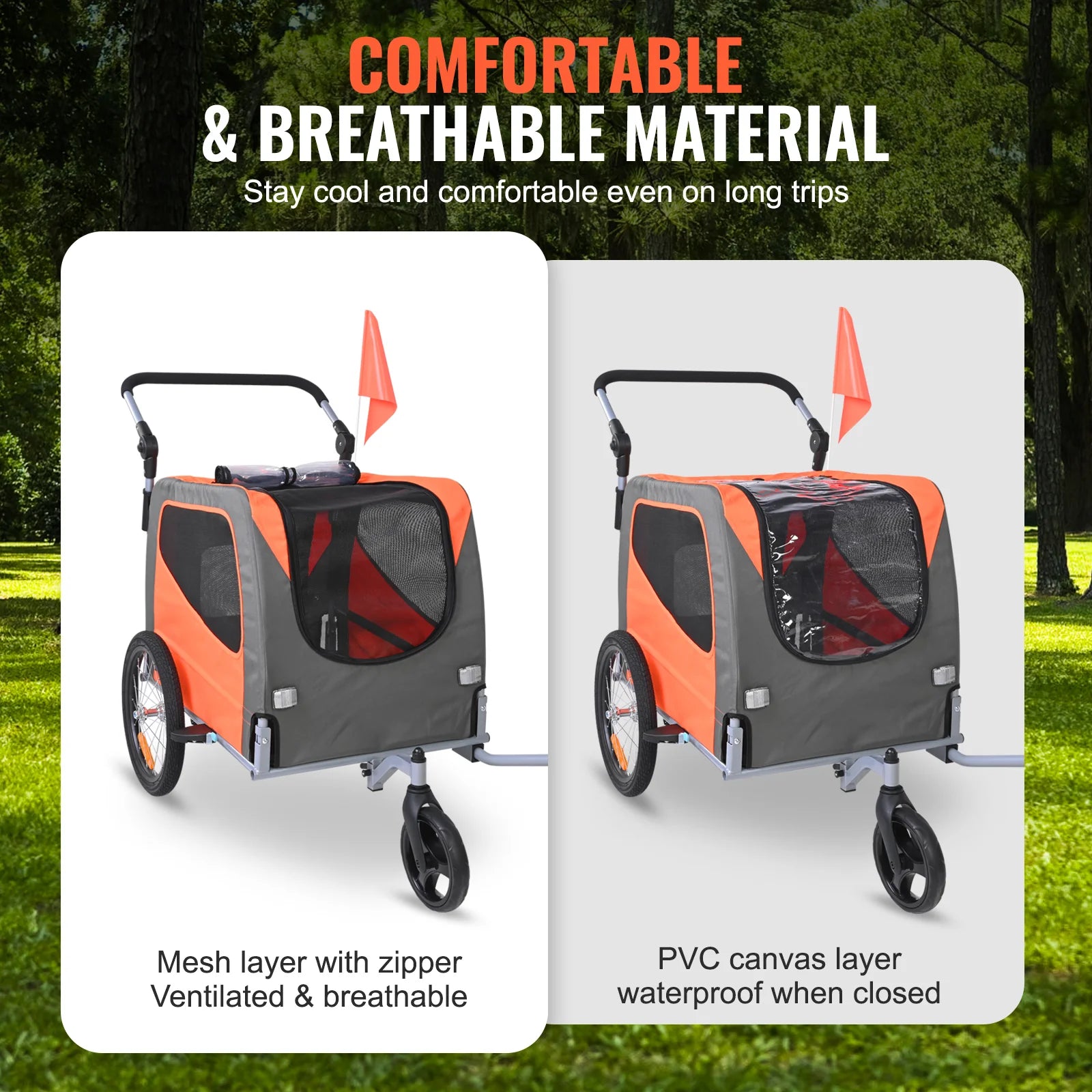Dog Bike Trailer, Supports up to 66 Lbs, 2-In-1 Pet Stroller Cart Bicycle Carrier, Easy Folding Cart Frame with Quick Release Wheels, Universal Bicycle Coupler, Reflectors, Flag, Orange/Gray