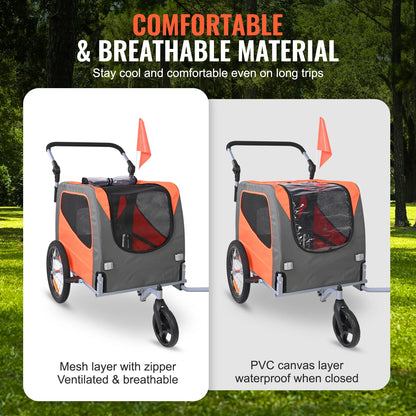 Dog Bike Trailer, Supports up to 66 Lbs, 2-In-1 Pet Stroller Cart Bicycle Carrier, Easy Folding Cart Frame with Quick Release Wheels, Universal Bicycle Coupler, Reflectors, Flag, Orange/Gray