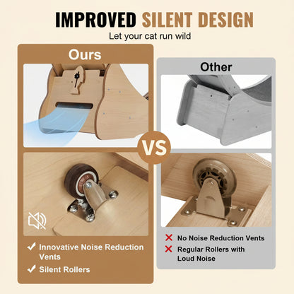 Comparison of improved silent design for a cat play structure with innovative noise reduction vents and silent rollers.