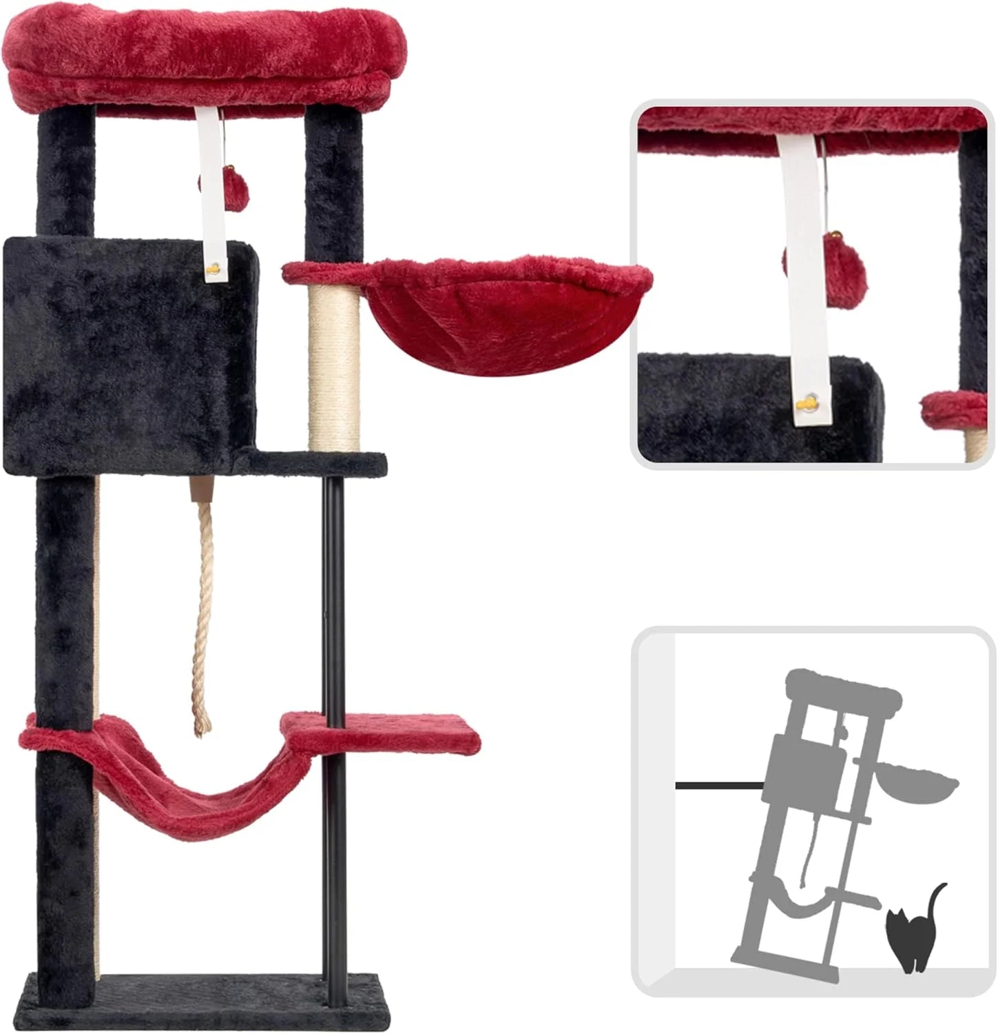 Cat Tree, Cat Tower for Indoor Cats, 43.3 Inch Gothic Cat Tree Tower with Sturdy Steel Tube, Hammock, Cat Condo for Small Cats and Kittens, Scratching Post, Black and Red